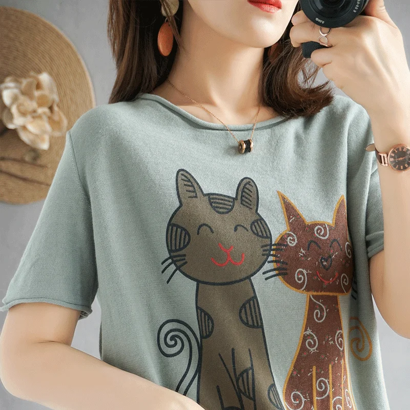 

2021 New Pure Cotton Short-Sleeved Women' Knitted Top Summer Short Loose T-Shirt Round Neck Casual Printing Wild Bottoming Shirt