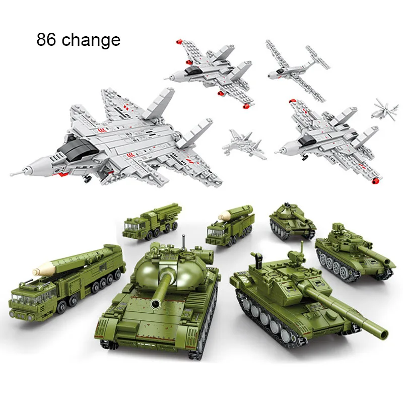 

86 Change Deformation Military Tank Plane Battleship Building Block 1260PCS DIY Mini Army Vehicle Brick Toy For Boy Children