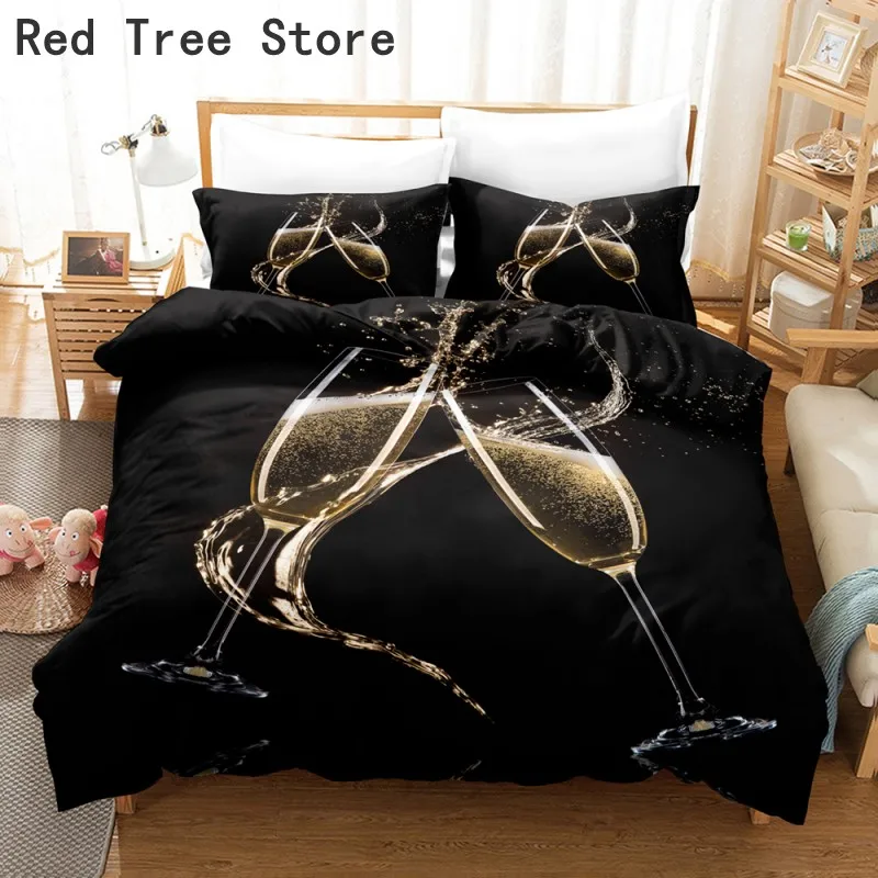 

Champagne Glass Cup Bedding Set Luxury Black Queen King Size Duvet Cover Pillowcase Sets High Quality Fabric Comorter Bed Linen