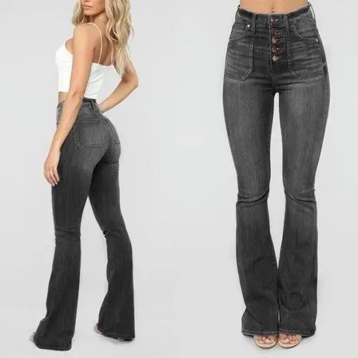 

2021 New Women's Fashion Casual Daily All-match Slimming Retro High-stretch Button Classic Trend Timeless Flared Jeans KZ004