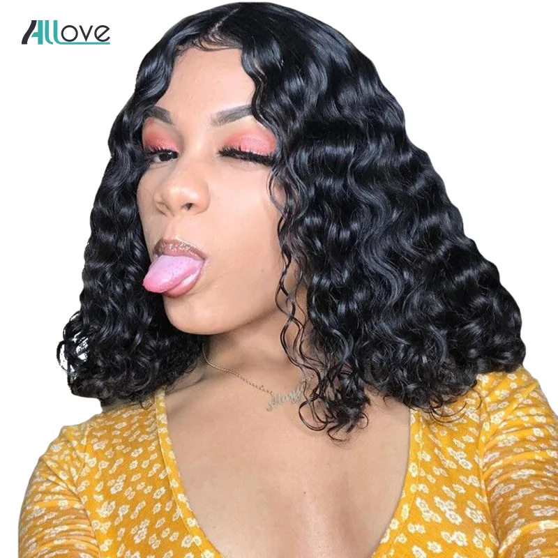 Allove короткие кудрявые парики из натуральных волос на фронте шнурка предварительно сорванные с волосами младенца бразильские волосы Remy глубокая волна боб парики для женщин