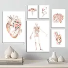 Настенная картина, скандинавские постеры с изображением цветов, соединенных сердец, органов, скелета, тканевая живопись, медицинские картины, украшение для врачей