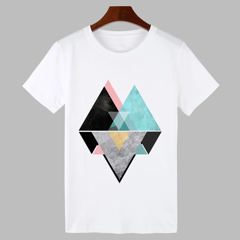

Summer casual geometric pattern printed women's T-shirt Harajuku fashionable and interesting women's o-neck white short sleeve