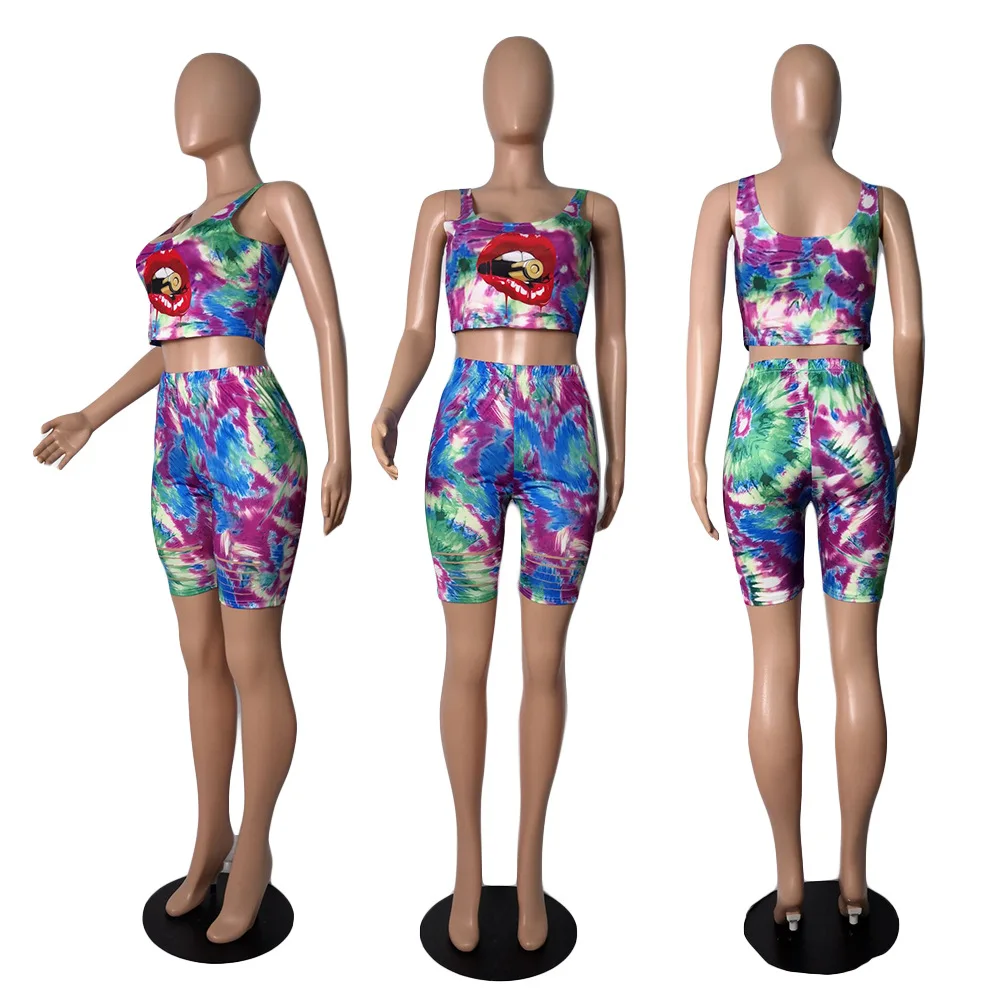 

Fashion Burning Flower 2-Piece Set Large Size Women's Sexy Sleeveless Top + Shorts With Fashion Lip Printing Casual Set 2021