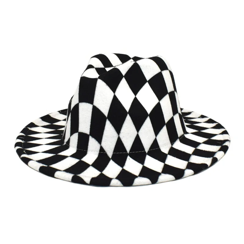 

Black White plaid Fedora Hat Wide Brim Felt Panama Hat Fedoras Women Men Cowboy Trilby Derby Hat Caps Cotton Jazz Hat