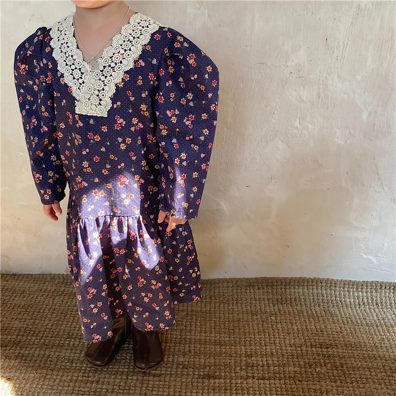 

2021 Girls Autumn Dress Children Lace V-Neck Floral Long Sleeve Dress Girls Autumn Clothes Wholesale Clothing