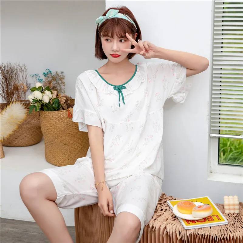 

Viscose Loose PJS Set Women 2PCS Pajamas Suit Casual Print Flower Lounge Wear Soft Pyjamas 2021 Summer New Intimate Lingerie