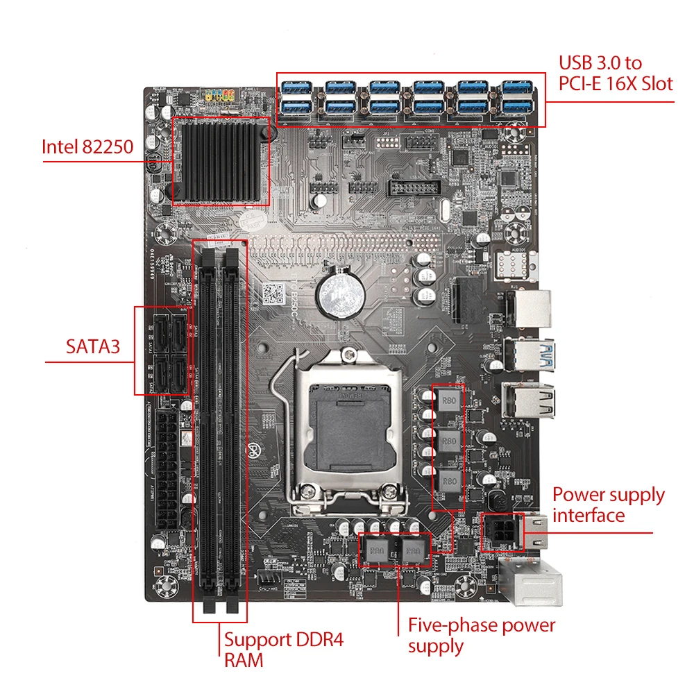 B250C BTC Mining Motherboard Set CPU LGA1151 Kit Support 12 PCIE 1x 16x GPU Graphics Card With Cooling Fan for Bitcoin Miner Rig |