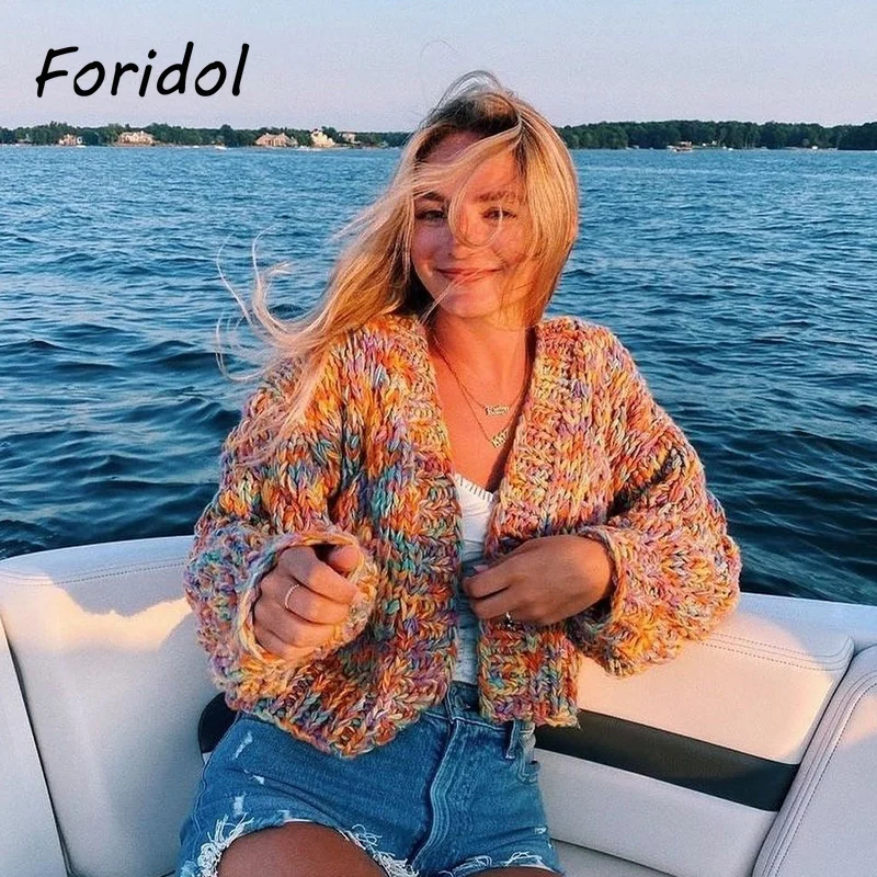 

Вязаный Радужный короткий кардиган Foridol, Женский винтажный свитер с рукавами-фонариками на осень и зиму, плотный модный кардиган, новинка 2021