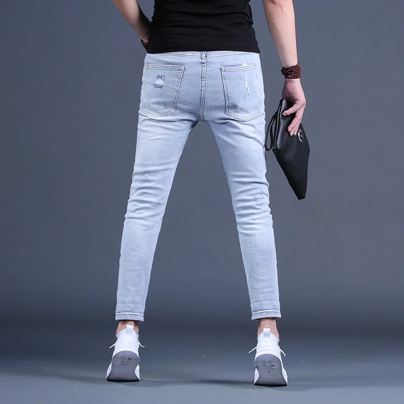 New Men's Ripped Jeans Summer Casual Light Blue Cotton Denim Pants Male Streetwear Holes Slim Fit Trousers