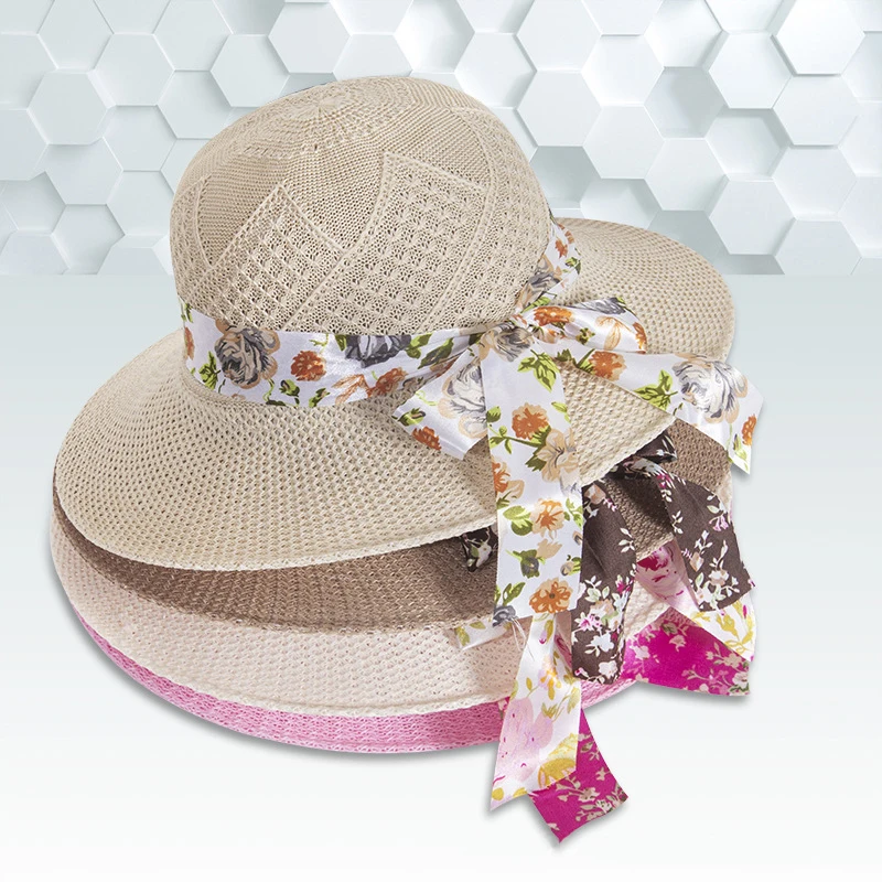 

Summer Women Straw Sun Hat With Flower Print Ribbon Bowknot Fashion Girls Foldable Wide Brim Travel Beach Sun protection Hats