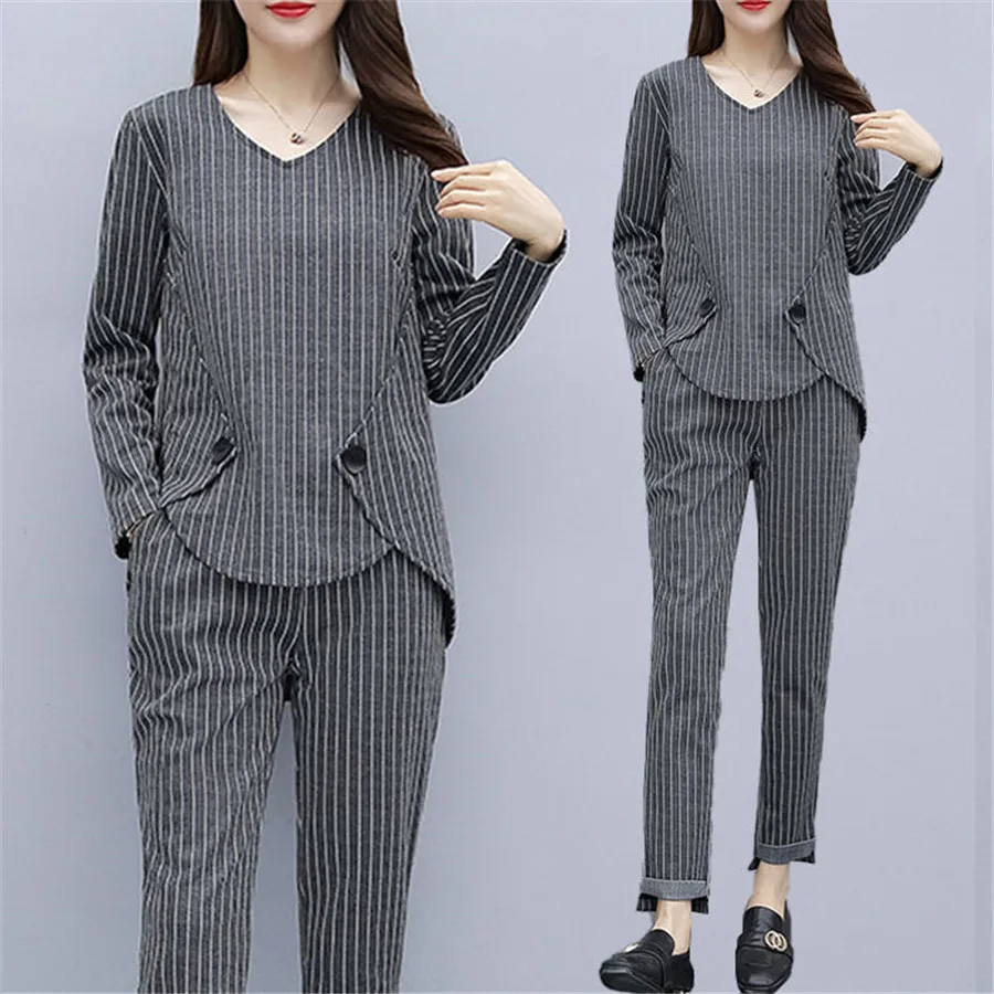 

Striped 2 Piece Set Tracksuits Outfits for Women Plus Size Large Matching Co-ord Winter Clothes 2piece Cotton Linen high quality