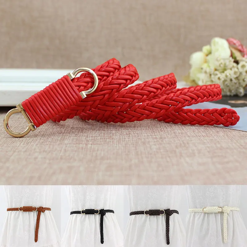 Модный плетеный кожаный ремень женский пояс на талию тонкая Пряжка однотонный