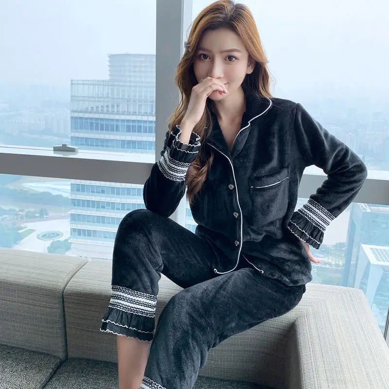 

Pajamas Woman Winter Plus Velvet Thick Warm Flannel Suit Home Service Button Up Turn Down Collar Pajama Set Conjuntos De Pijama