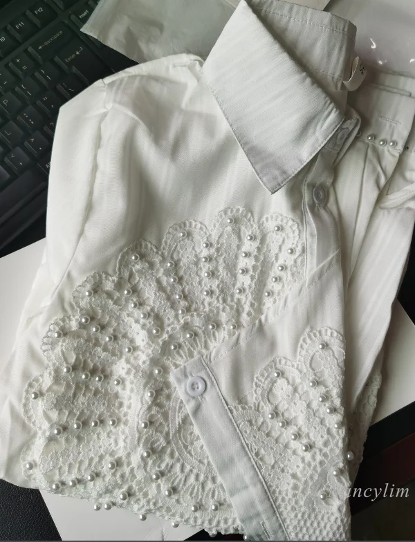 White Shirt Women 2021 Spring and Autumn Long-Sleeved Beaded Lace Stitching Irregular Blouse Female Fashion Top Nancylim
