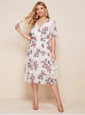 

Plus Size Loose Women Chic Fashion Floral Print Maxi Dress Vintage V Neck Short Sleeve Female Dresses Vestidos Mujer C210