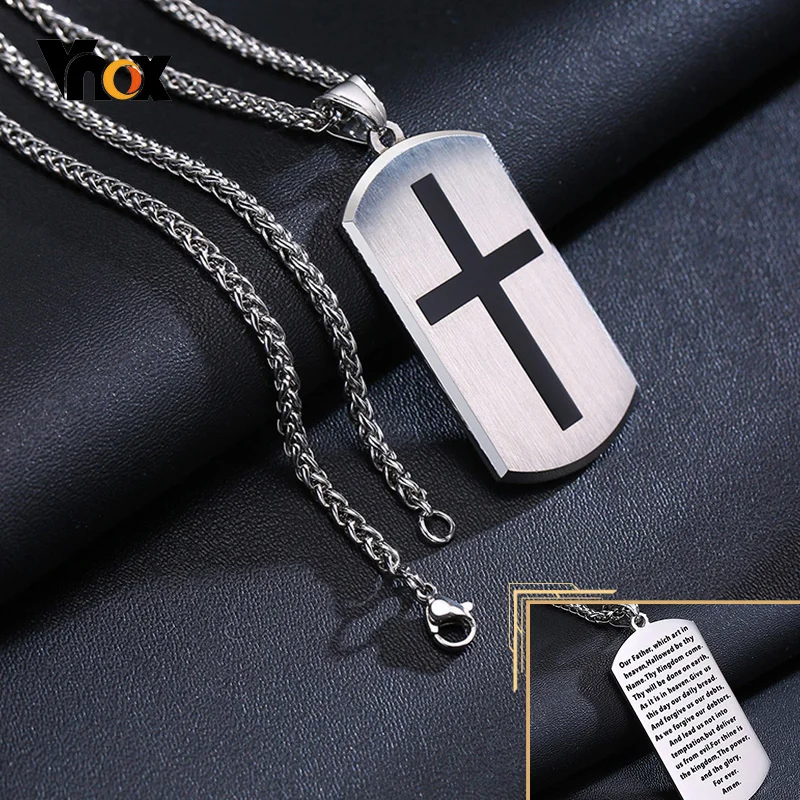 Vnox Cross Bible Dog Tag for Men,Engraved Christ Prayer Quotes Necklace,Stainless Steel Pendant with 24