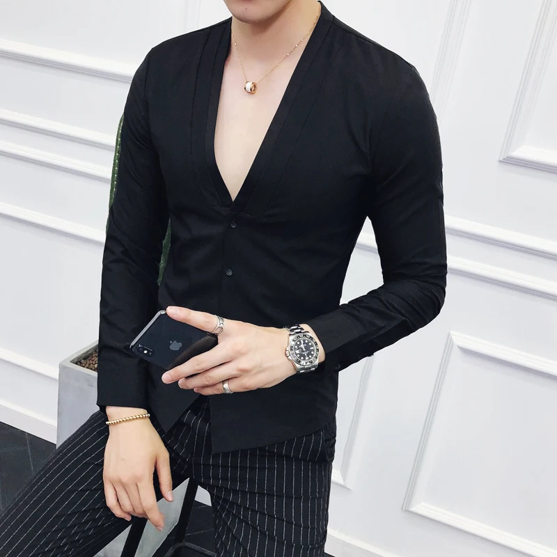 Пикантная рубашка без воротника с глубоким V образным вырезом новинка 2018 осенняя