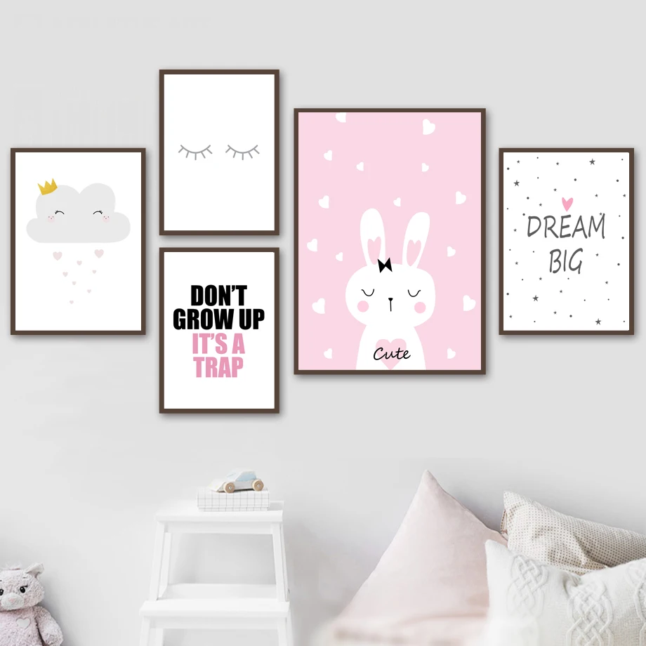 

Cute Minimalist Cartoon Pink Bunny Clouds Nordic Posters And Prints Wall Art Canvas Painting Wall Pictures Kids Girl Room Decor