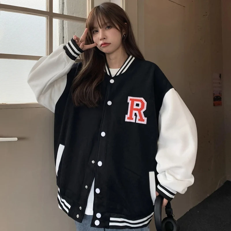 

Autumn Embroidery Letter Jacket Women Loose Casual Long Sleeves Baseball Coats Korean Fashion All Match Student Clothes New 2023