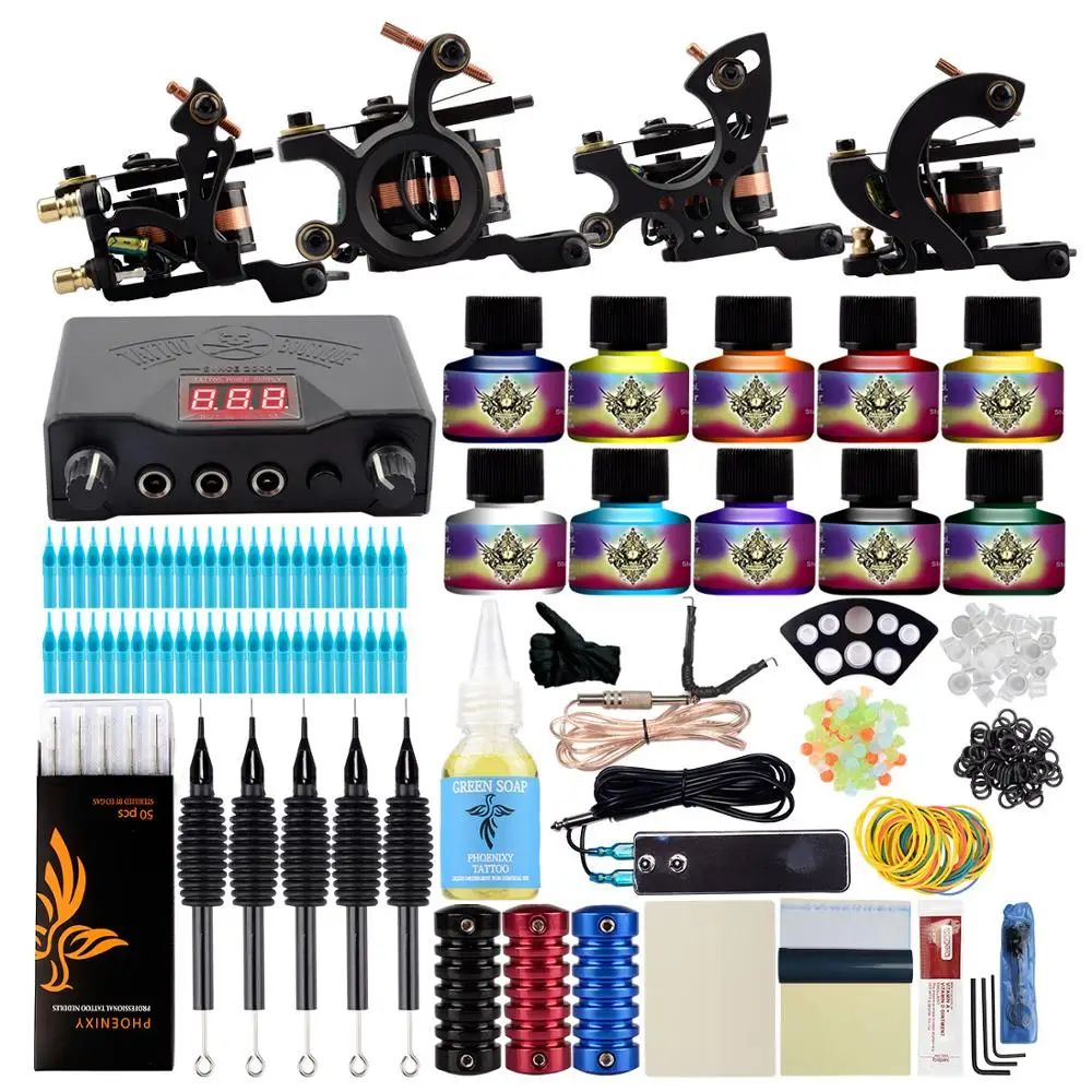 Professional Tattoo Kit 4 Machines Guns Set Design Pigment Inks Set LCD Power Needles Set Body Art Permanent Makeup Complete Kit