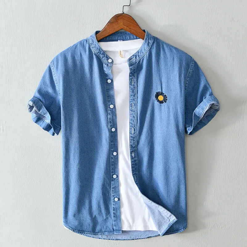 Рубашка мужская джинсовая с коротким рукавом рубашка вышивкой