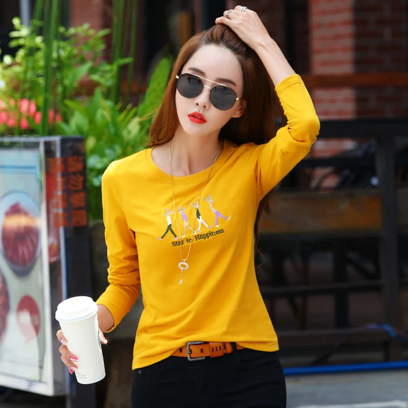 Новая Осенняя футболка Женские топы с длинным рукавом вышивкой хлопковые