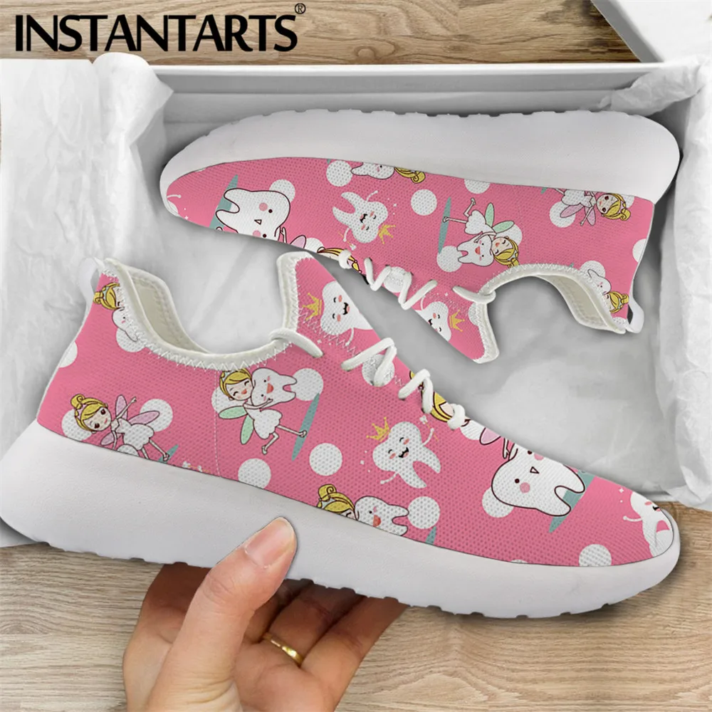 

INSTANTARTS Pink Cartoon Tooth Dental Fairy Brand Design Dentist Sneaker for Women's Knit Shoes Summer Mesh Lace Up Walking Shoe