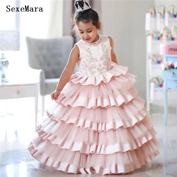 New Pink Fluffy Girl Dresses for Wedding Party Lace Top O Neck Children Birthday Dress Pageant Gown for Girls Size 2-16Years