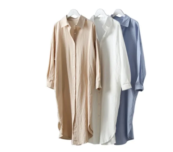 

2021NEW Women Long Shirt Dresses Cotton White Elegant Office lady Korean Fashion Loose Midi Blue Dress Spring Summer 2021