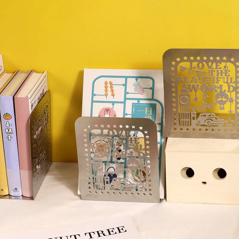 

2 PCS/ Pair Desktop Bookends Book Clip Baffle Stainless Steel Metal Hollow Creative Bookshelf Thickened Student Stationery