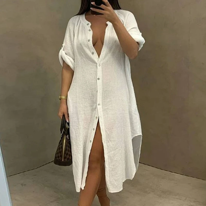 

Solid Long Sleeve Buttoned Shirt Dress Women Casual Summer Beach Dress