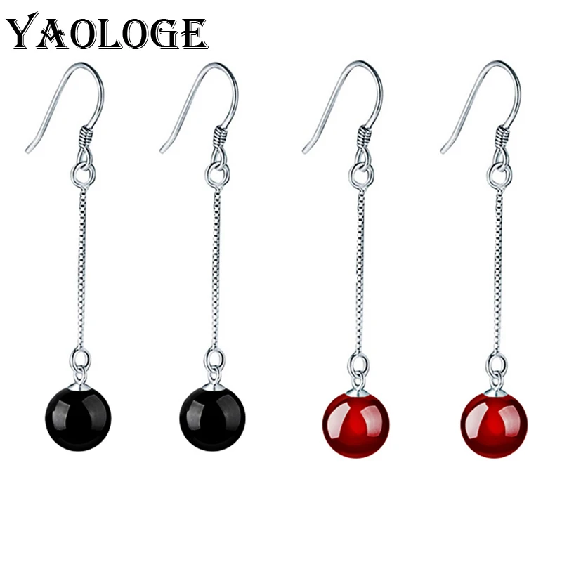 

YAOLOGE Korean Temperament Tassel Exaggerated Long Earrings For Women Jewelry Black Red Bead Dangle Earrings Silver Plated