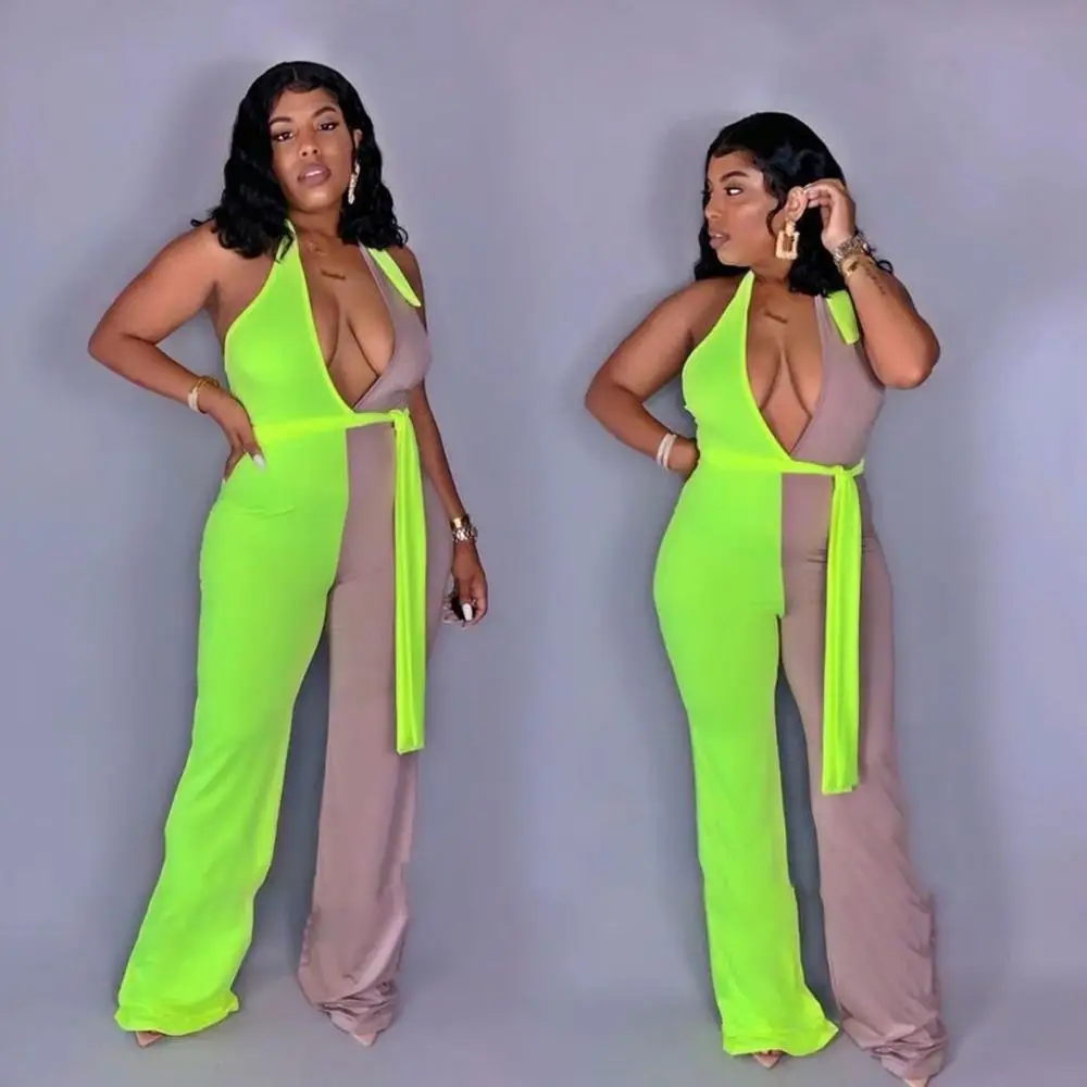 Женский неоновый комбинезон в стиле пэчворк летний клубный с открытой спиной и
