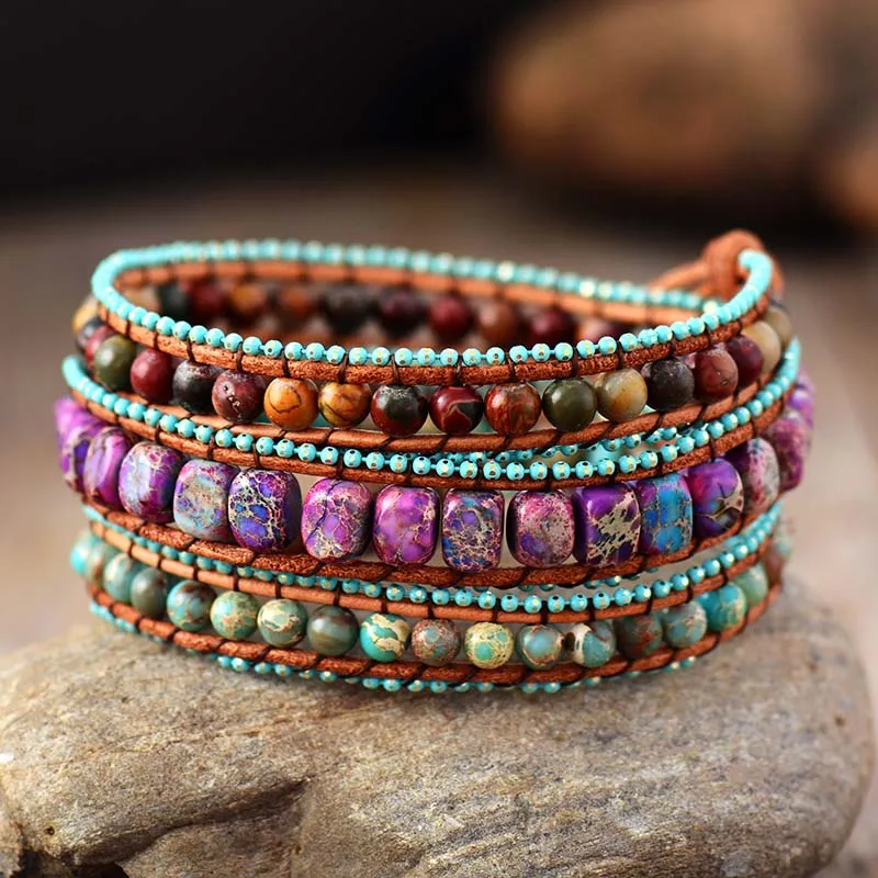 

women's bohemian antique leather wrap bracelet, with stone mix Jasper, 3 strands, elegant jewelery