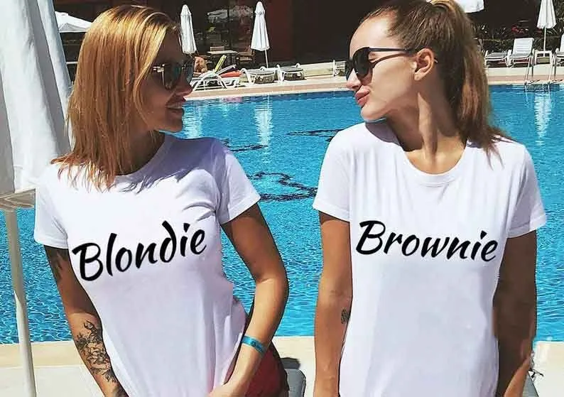 

BKLD 2020 Summer Couples Friends T-Shirt Women Casual White Tops Tee Shirt Cotton Women Letters Blondie Brownie Printed Tshirt