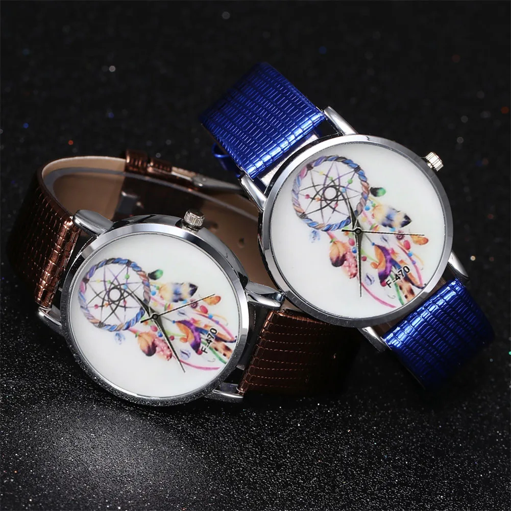 

Simple Quartz Watch Leather Band Round Dial Dream Catcher Printed Casual Watches K2