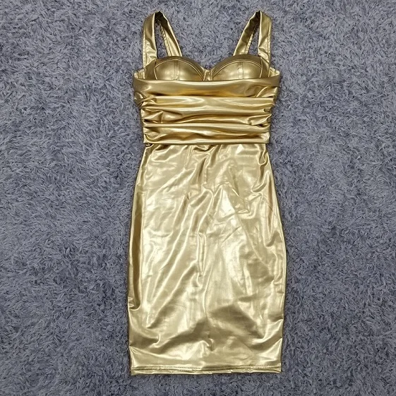 

Sexy Sleeveless Backless Leather Gold Women Summer Dress Fashion Club Evening Party Dress Vestido thin