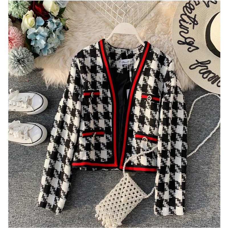 Женская одежда длинный рукав v образный вырез соединенный твидовый жакет