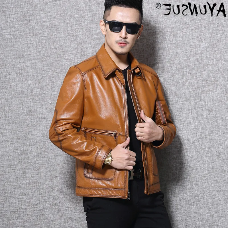 

Ayusnue leather - men's authentic leather jacket, motorcycle leather coat, brown, thin, high