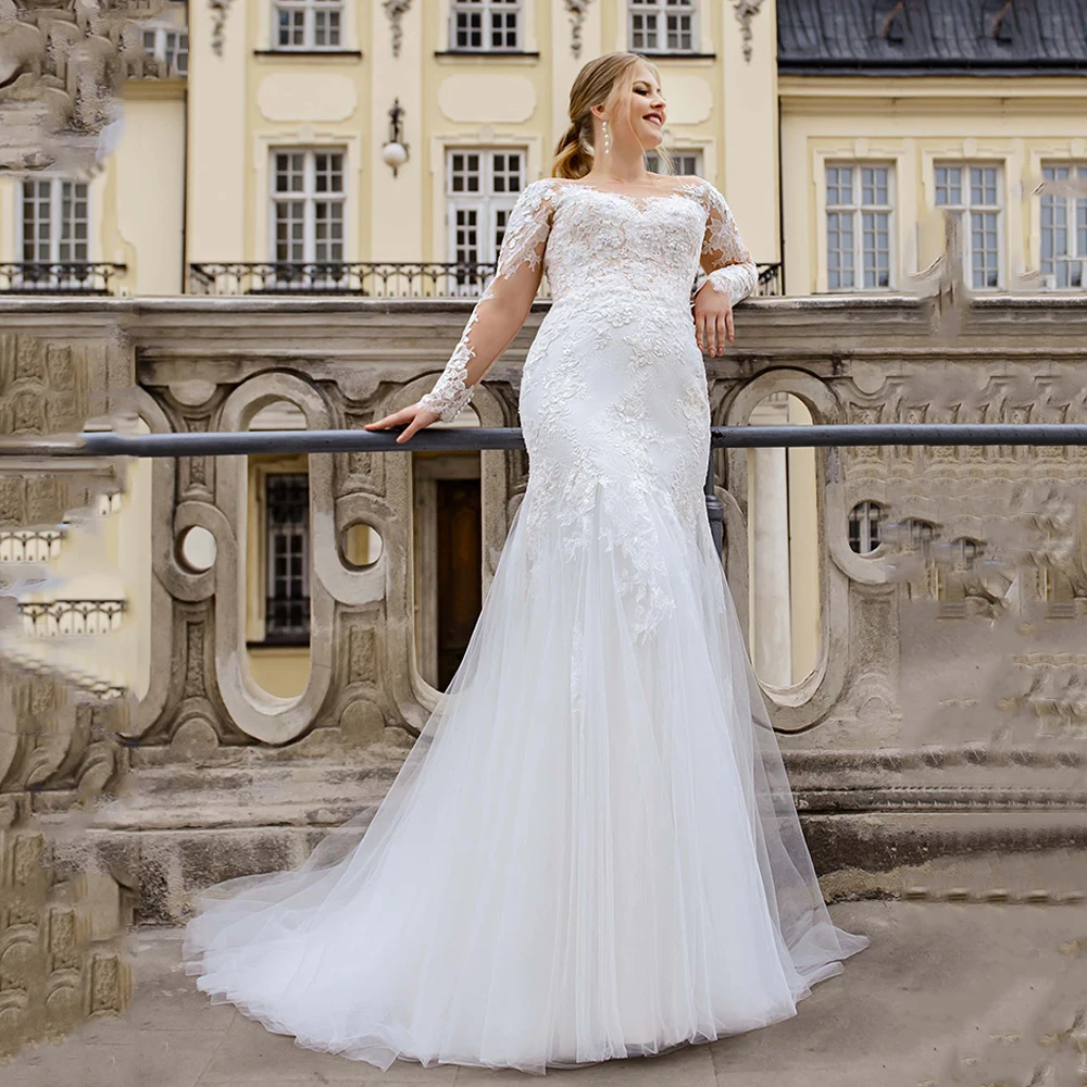 

Plus Size Wedding Dress Mermaid Bridal Gowns Long Sleeves Illusion Lace Applique Sweep Train Robe De Mariee Bride Dresses