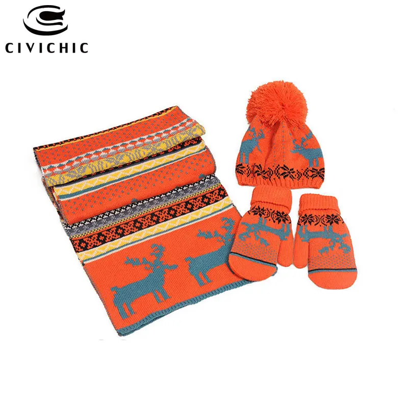 Orange 3PCS Шикарный осенне-зимний Рождественский трикотаж, шапка, шарф, перчатки, комплект из 3 предметов, теплые флисовые рождественские шапочки с помпоном, вязаные крючком шапки, шали, шапки, варежки SH115 - Цвет: Orange 3PCS