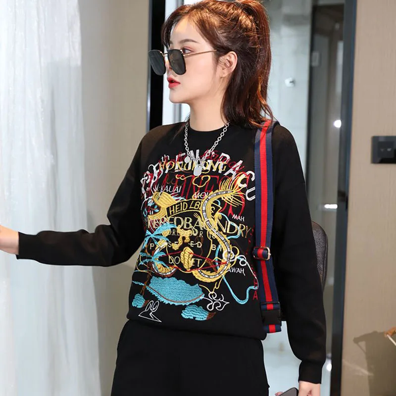 

Fashion Women Black Knitted Tracksuit Outfits Manual Embroidery Long sleeve Sweater Knit Pencil Trousers Loose Casual Set Female