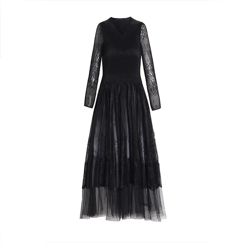 

Pleated Lace Dress Women 2021 Spring New Mid Long Slim Pleated Dress