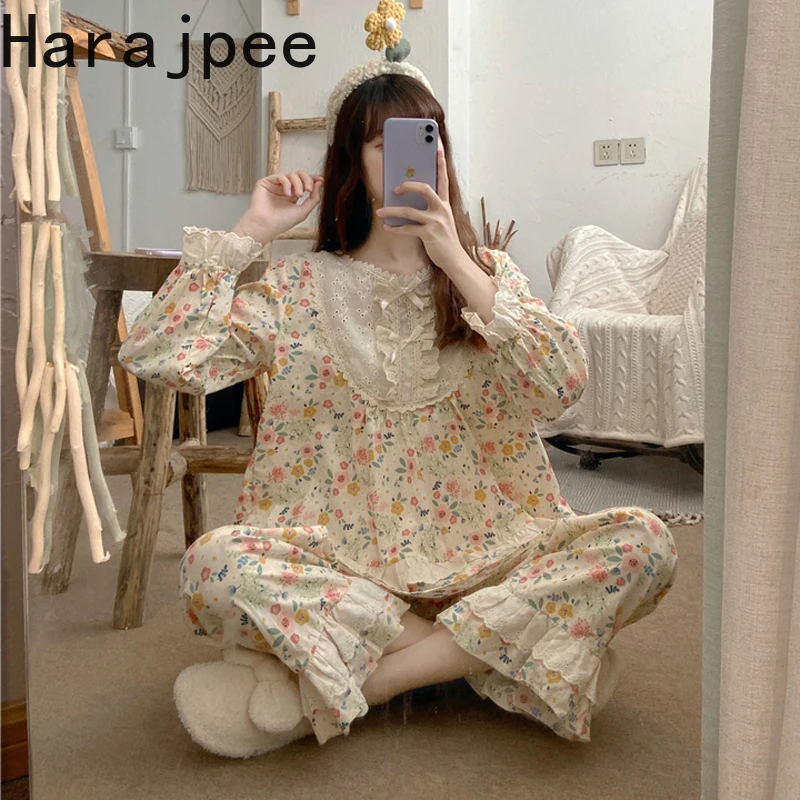 

Harajpee Women Pajamas 2021 Spring Autumn Girl Japanese Sweet Temperament Cute Western Style Floral Long-Sleeved Home Wear Suits