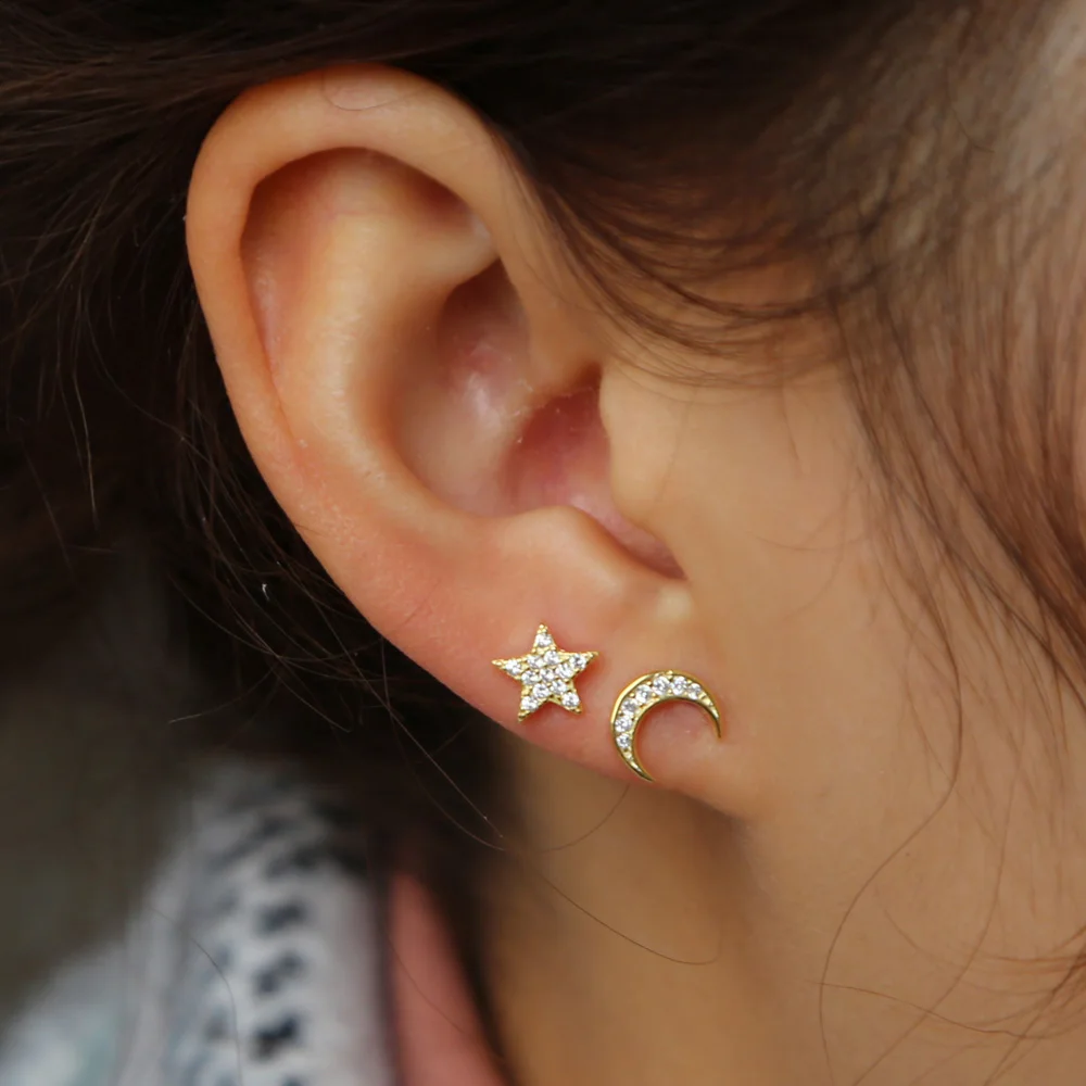 Ежедневного ношения минимум украшений полумесяц звезда серьги-гвоздики с камнем