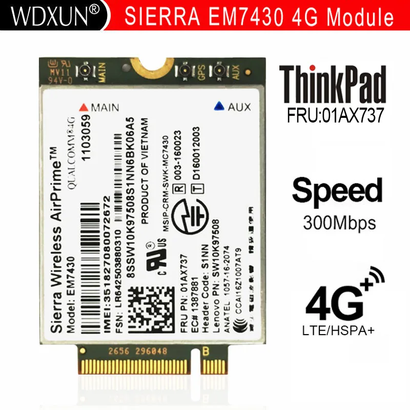 Sierra EM7430 FDD/TDD-LTE 4G Module for Thinkpad X270 X1 Carbon Fiber 5th Generation (20HQ, 20HR) X1 YOGA  Tablet Gen 2 01AX737