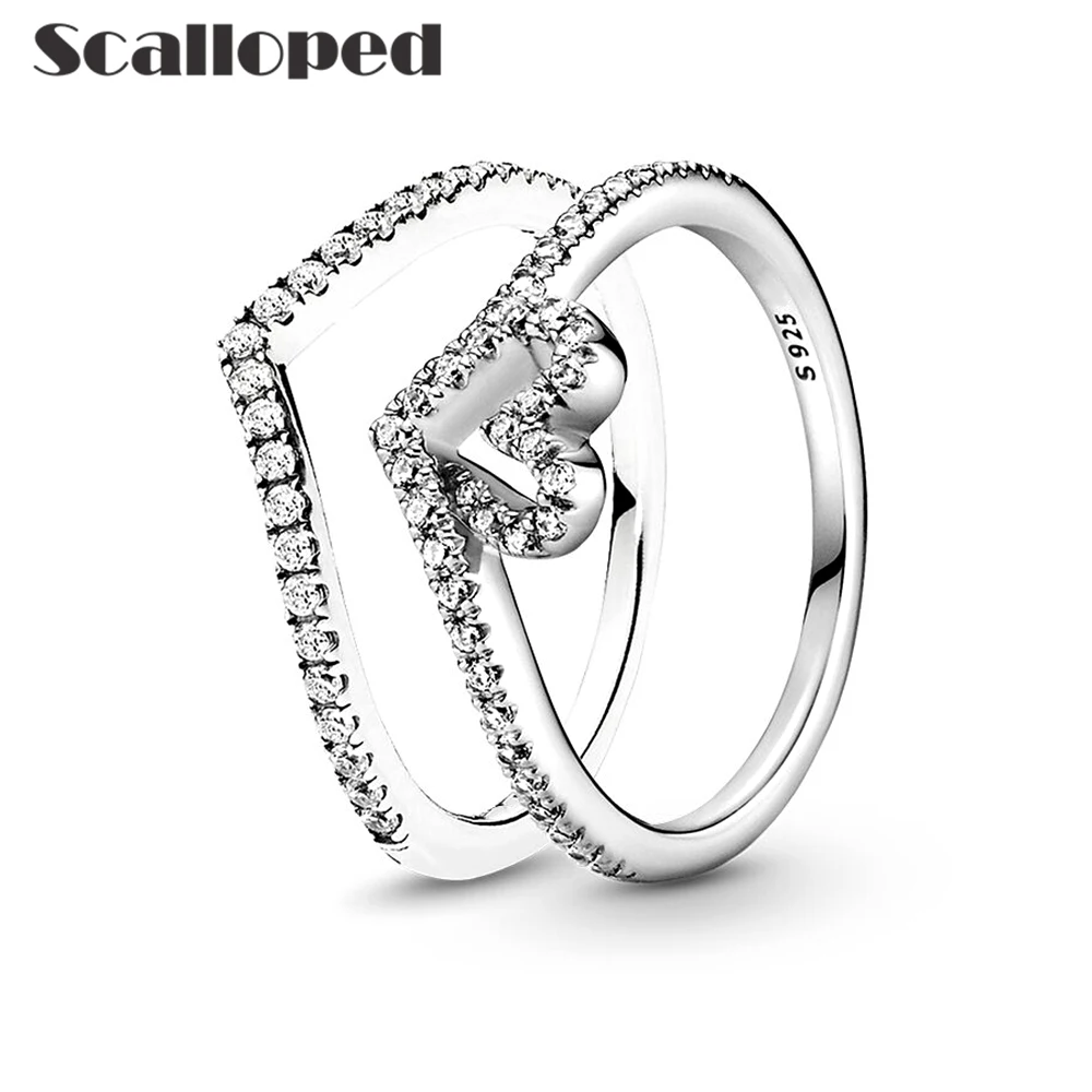 

SCALLOPED Hollow Love Engagement Rings Women Sparkling Zircon Wish Bone Stacked Wedding Band Statement Jewelry Anniversary Gifts