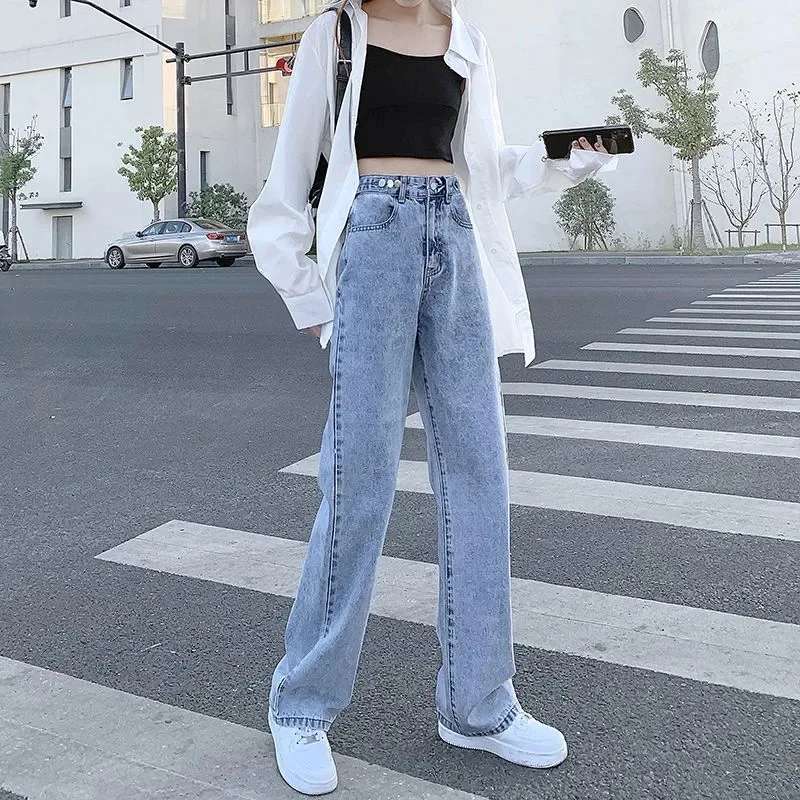 

High waisted jeans women's summer straight loose loose and thin spring 2021 new drape mopping wide leg pants adjustable ins hot