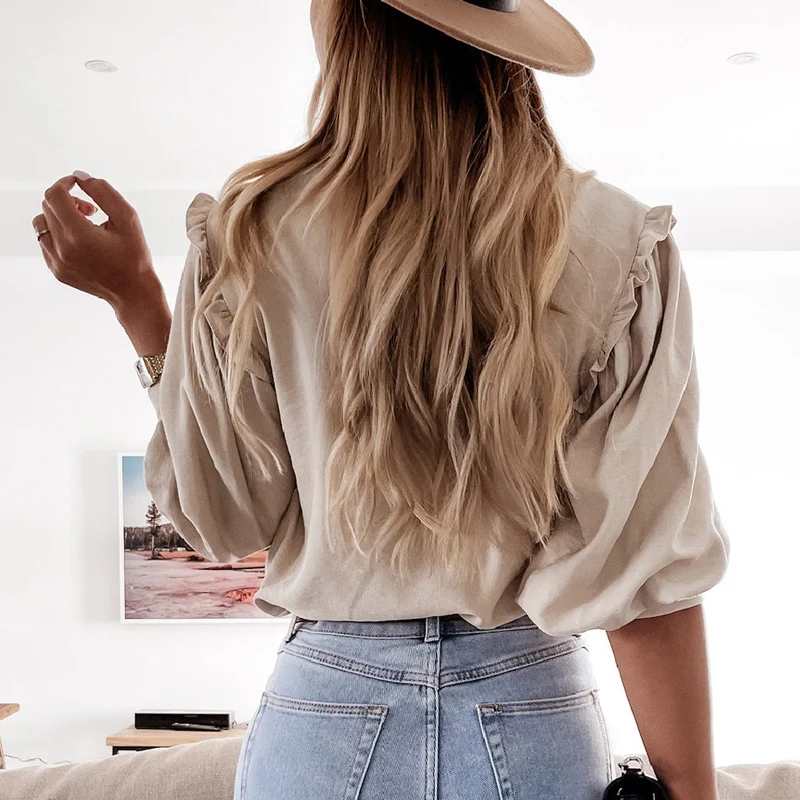 

2021 Summer Elegant Solid Color Long Sleeve Blouses Shirt Women Sexy V-Neck Button Tops Office Lady Fashion Casual Ruffle Blusa